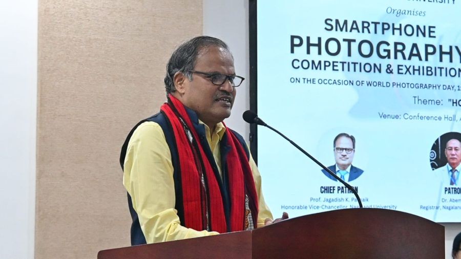 Prof. Jagadish Kumar Patnaik, Vice-Chancellor of Nagaland University, addressing the gathering on World Photography Day at the administrative block in Lumami on August 19.
